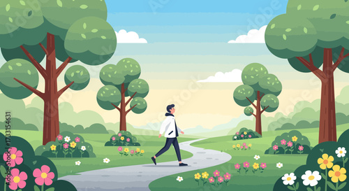 Man walking on a winding path through a vibrant green park with trees and colorful flowers. Flat vector illustration.