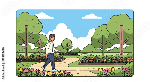 Man walking on a path in a vibrant park with colorful flowers and green trees under a blue sky. Peaceful outdoor stroll vector illustration.