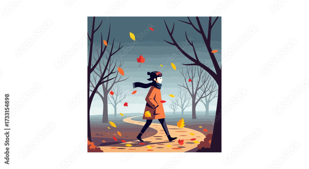 Naklejka premium Autumn walk in park: Person strolling on a winding path amidst falling colorful leaves and bare trees. Seasonal illustration.