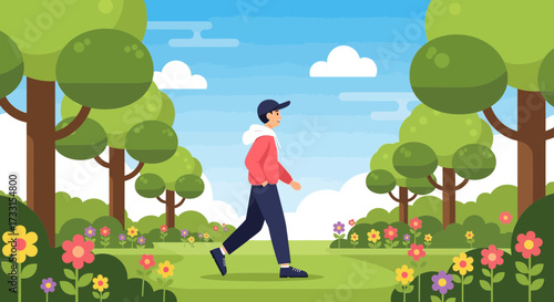 Young man walking in a vibrant park with colorful flowers and trees. Flat vector illustration of outdoor stroll and nature enjoyment.