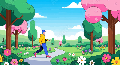 Flat design illustration of a person walking on a path in a vibrant spring park with blooming flowers