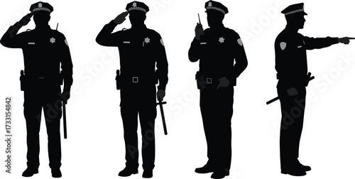 "Vector silhouettes of police officers in uniform saluting, pointing, and using radio communication, law enforcement illustration for training design"