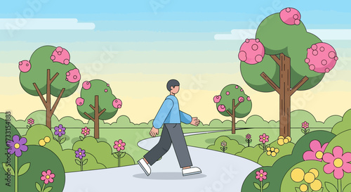 Man Walking in Spring Park with Blooming Trees and Colorful Flowers. Flat Design Vector Illustration.