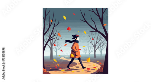 Autumn walk in park: Person strolling on a winding path amidst falling colorful leaves and bare trees. Seasonal illustration.