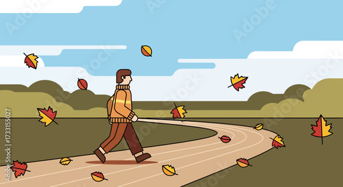 Autumn Walk: Man Strolling on Winding Path with Falling Leaves in Flat Design Illustration
