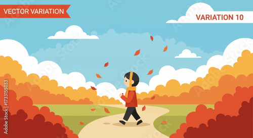 Autumn Walk Illustration with Person on Winding Path & Falling Leaves in Colorful Fall Landscape Vector