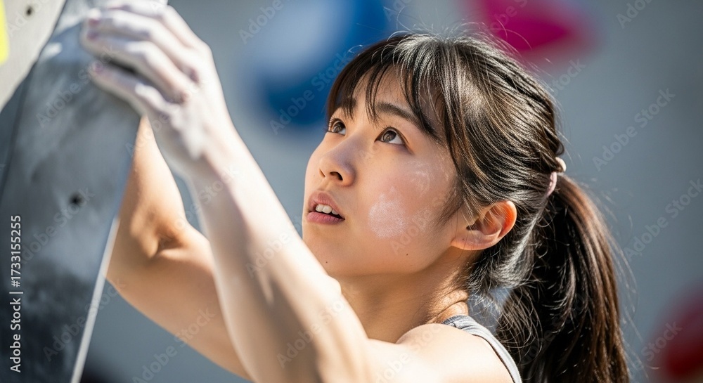Fototapeta premium ボルダリングジムで集中する日本人女性：インドアクライミングスポーツに挑戦しているポートレート