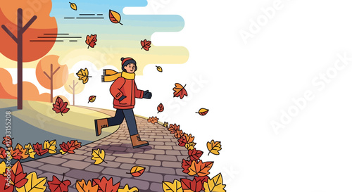 Autumn Jogging in Park with Falling Leaves. Flat Design Illustration of Person Running on Paved Path with Copy Space.