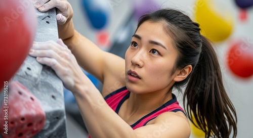 ボルダリングジムで集中する日本人女性：インドアクライミングスポーツに挑戦しているポートレート
