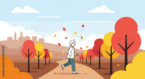 Senior person walking on autumn path with colorful falling leaves. Elderly enjoying fall season stroll in nature with distant town illustration.