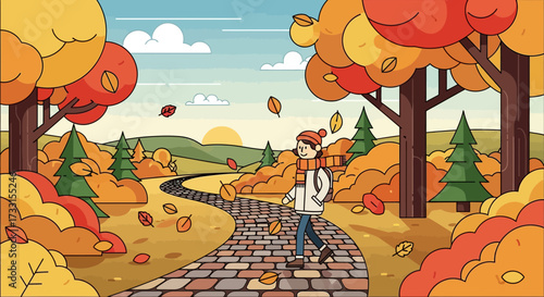 Autumn walk illustration. Person on winding path through colorful fall forest with falling leaves and warm sunset light.