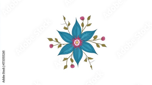 Stylized blue flower with a pink center, surrounded by green leaves and small pink berries, on a clean white background.