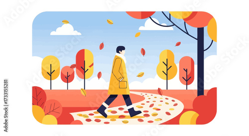 Person walking on a winding park path amidst colorful autumn trees and falling leaves. Flat design illustration of fall season.