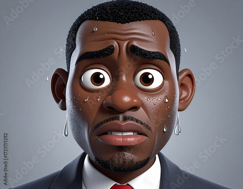 Cartoon businessman sweating nervously, humorous facial close-up
