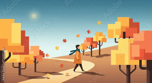 Person walking on a path in autumn park with colorful trees and falling leaves. Flat design vector illustration of fall season.