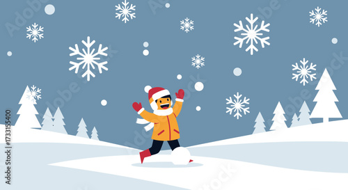 Joyful child playing in a snowy winter landscape with falling snowflakes and happy expression