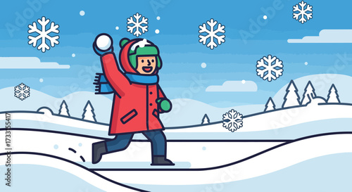 Happy child throwing snowball in snowy winter landscape with falling flakes. Fun outdoor activity illustration.