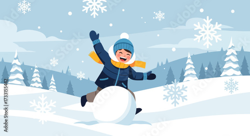 Joyful child in warm winter clothes playing with a large snowball amidst falling snowflakes and a serene snowy forest landscape. Happy kid enjoying...
