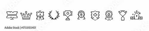 Awards icon set with trophy, medal, badge, ribbon, certificate, winner cup, star award, crown, flat vector illustration 