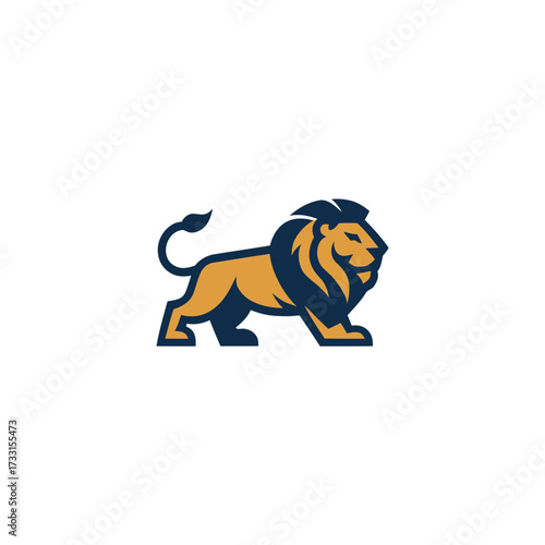 Side view lion mascot, stride pose, golden body, navy outline, athletic team identity, fierce wildlife logo vector