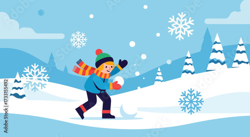 Happy Child Making Snowball in Winter Landscape with Falling Snowflakes. Winter Fun Vector Illustration.