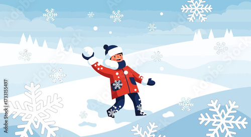 Joyful child throwing snowball in snowy winter landscape. Kids' winter fun illustration.