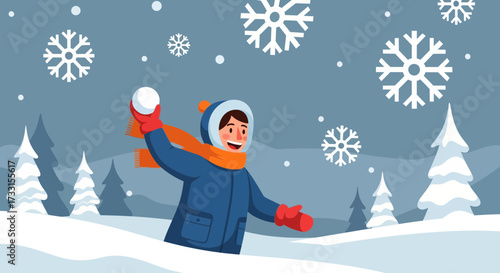 Joyful child throwing a snowball in a snowy winter landscape. Happy kid playing in the snow, winter fun vector illustration.