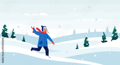 Joyful child throwing a snowball in a serene, snowy winter landscape. Flat vector illustration of winter fun and outdoor activity.