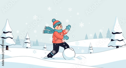 Child Rolling Snowball in Winter Landscape with Falling Snowflakes