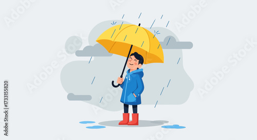 Smiling child in blue raincoat and red boots holding yellow umbrella in the rain. Rainy weather protection concept.
