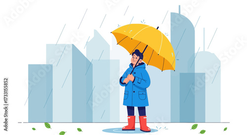 Person in raincoat with yellow umbrella in city rain. Flat illustration of urban rainy day, protection from autumn weather.
