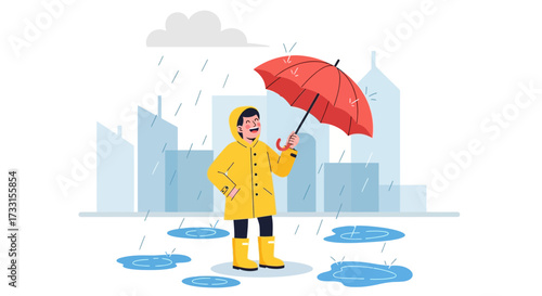 Cheerful person in yellow raincoat and boots with red umbrella enjoying city rain. Puddles on ground. Rainy weather illustration.