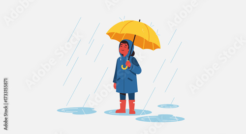 Person in a blue raincoat and red boots holding a yellow umbrella in the rain, with puddles.
