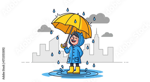 Smiling child in blue raincoat and yellow boots holding umbrella in rain puddle with city skyline background. Rainy day fun illustration.