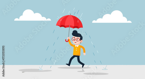 Man with red umbrella walking in the rain. Flat design illustration of person protected from bad weather.
