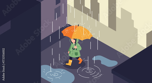 Person with orange umbrella walking in city rain, isometric flat design illustration with puddles