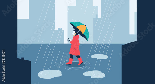 Illustrated person in red raincoat with colorful umbrella walking through city rain, stepping in puddles. Urban rainy day.