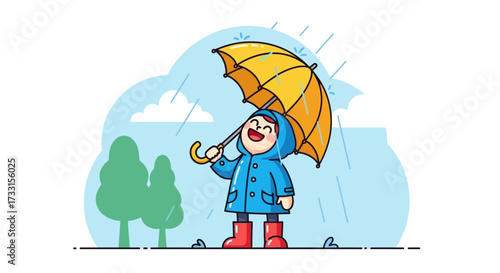 Cheerful child in raincoat and boots, holding a yellow umbrella, enjoying the rain. Flat cartoon illustration.