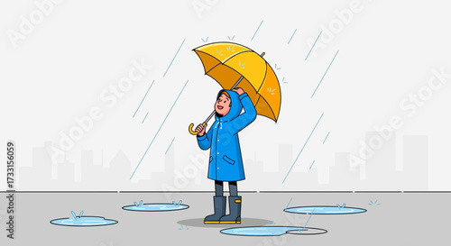 Smiling person in blue raincoat and boots holding a yellow umbrella on a rainy city street with puddles and skyline.
