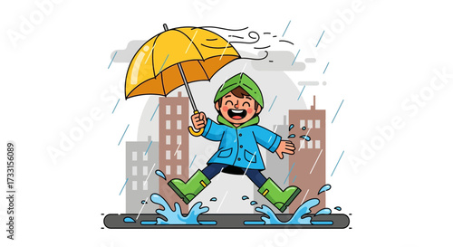 Joyful Child Splashing in Puddles with Yellow Umbrella on a Rainy Day