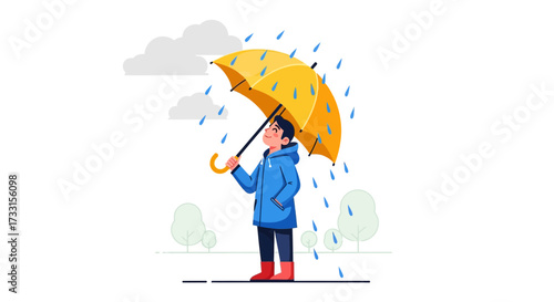 Person in raincoat holding yellow umbrella in the rain, flat illustration with clouds and drops