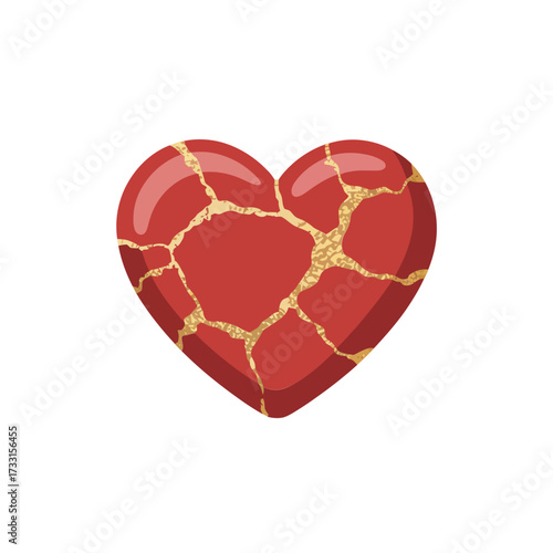 Red repaired heart with gold seams, cracked love restored, resilience healing theme, romantic recovery symbol, premium vector graphic