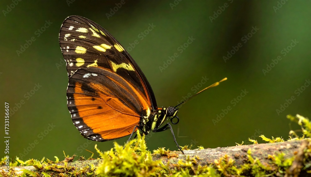 Fototapeta premium A colorful butterfly perched on a mossy branch, showcasing vibrant orange and black wings