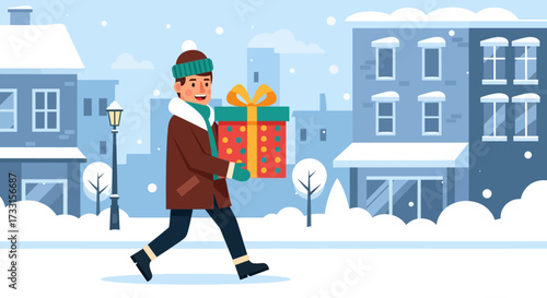 Winter Gift Delivery: Man Carrying a Large Present in Snowy City