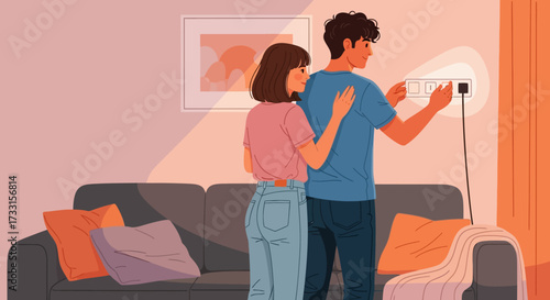 Couple Adjusting Smart Home Controls, Cozy Living Room