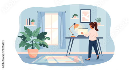 Woman Working From Home in a Bright, Cozy Room