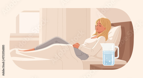 Woman Resting in Bed with Water Pitcher