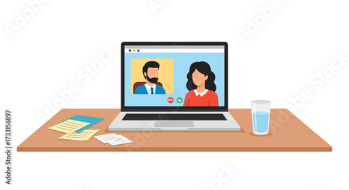 Virtual Meeting Illustration: Laptop, Desk, and Water