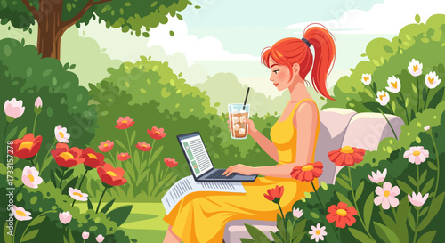 Garden Workspace: Woman Working Outdoors with Laptop and Iced Coffee