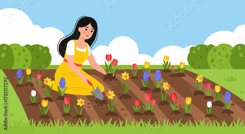 Smiling woman planting vibrant spring flowers in a garden bed. Spring gardening, hobby, and nature connection illustration.
